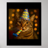 Happy New Year Cat Funny Party Hat Feline Meme Cel Poster (Voorkant)