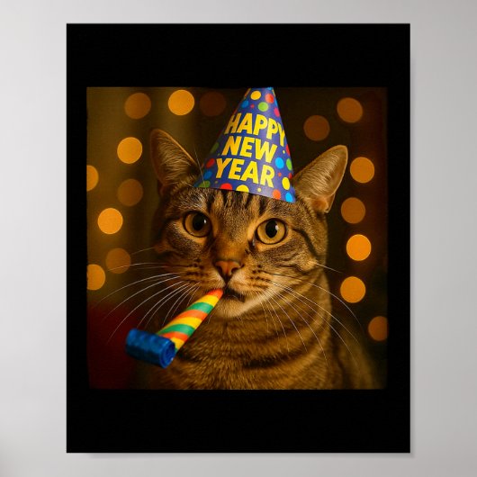 Happy New Year Cat Funny Party Hat Feline Meme Cel Poster (Voorkant)