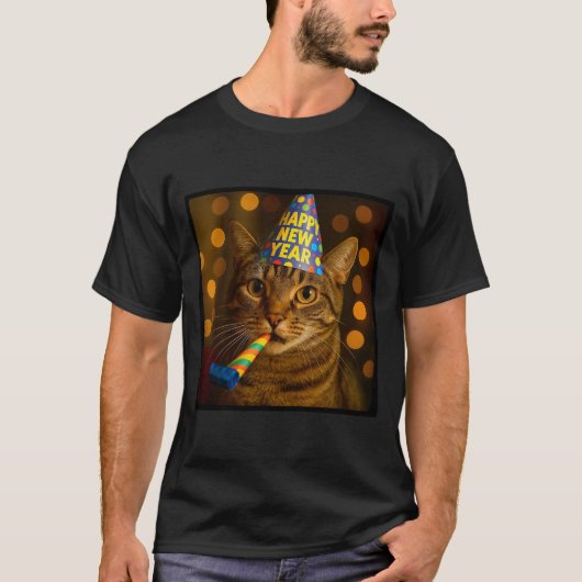 Happy New Year Cat Funny Party Hat Feline Meme Cel T-shirt (Voorkant)