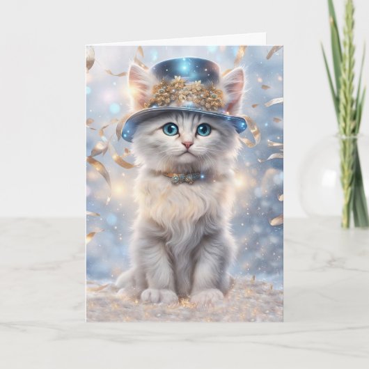 Happy New Year Cat in Party Pet en Streamers Kaart (Voorkant)