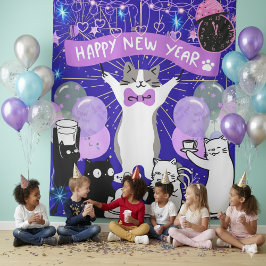 Happy New Year Cat Party Blue & Purple Backdrop Wandkleed