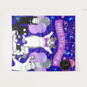 Happy New Year Cat Party Blue & Purple Backdrop Wandkleed (Voorkant (horizontaal))