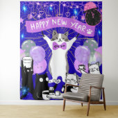 Happy New Year Cat Party Blue & Purple Backdrop Wandkleed (In situ)