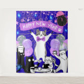 Happy New Year Cat Party Blue & Purple Backdrop Wandkleed (Voorkant)