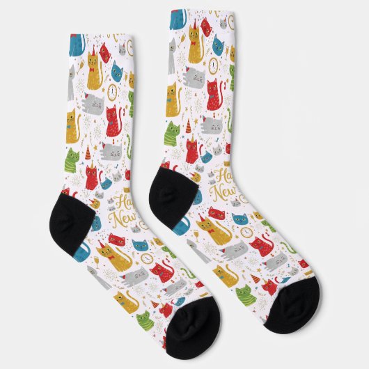 Happy New Year Cats Pattern Crew Socks Sokken (Rechts)