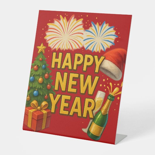 Happy New Year Celebration Sticker  Reclamebord Met Voetstuk (Voorkant)