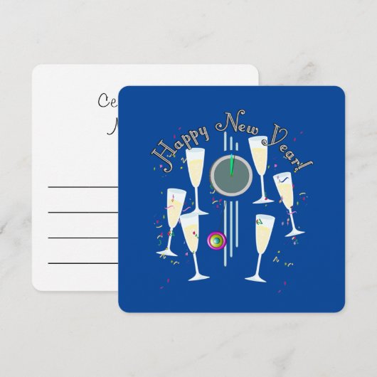 Happy New Year - Champagne Glasses and Clock Kaart (Voorkant / Achterkant)
