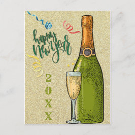 Happy New Year Champagne Gold Glitter Briefkaart