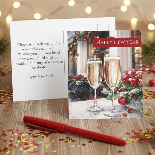 Happy New Year Champagne & Red Berries Holiday Briefkaart
