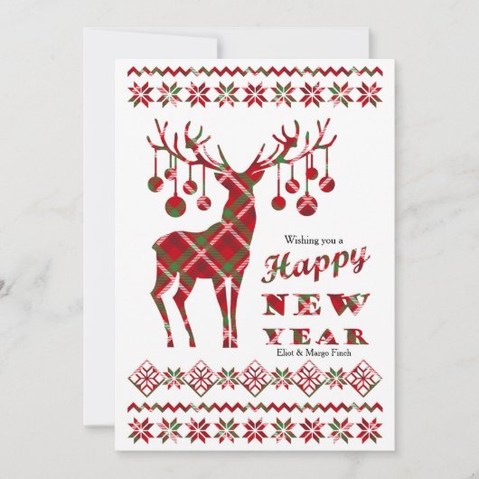 Happy New Year Checkered Reindeer Holiday Card Feestdagenkaart (Voorkant)