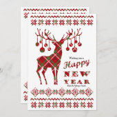 Happy New Year Checkered Reindeer Holiday Card Feestdagenkaart (Voorkant / Achterkant)