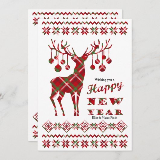 Happy New Year Checkered Reindeer Holiday Card Feestdagenkaart (Voorkant / Achterkant)