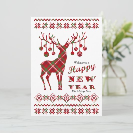 Happy New Year Checkered Reindeer Holiday Card Feestdagenkaart (Staand voorkant)