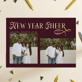 Happy New Year Cheer Modern Family Photo Burgundy Folie Feestdagenkaart