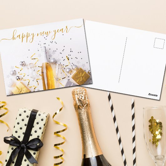 Happy New Year Chic Gold Champagne Streamers Briefkaart