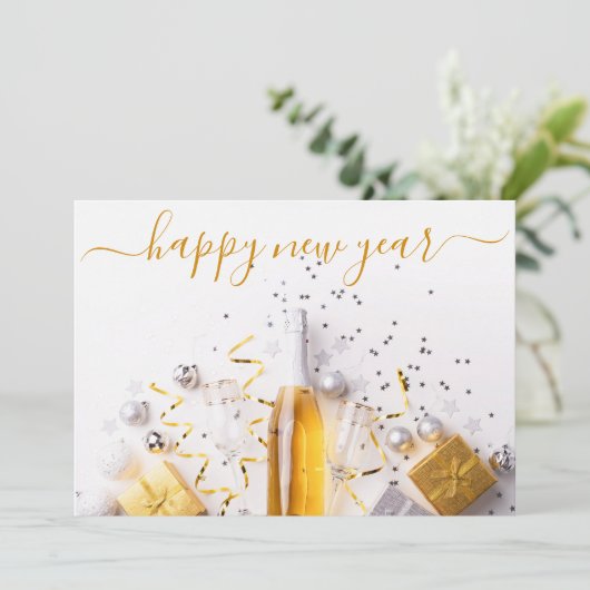 Happy New Year Chic Gold Champagne Streamers Feestdagenkaart (Staand voorkant)