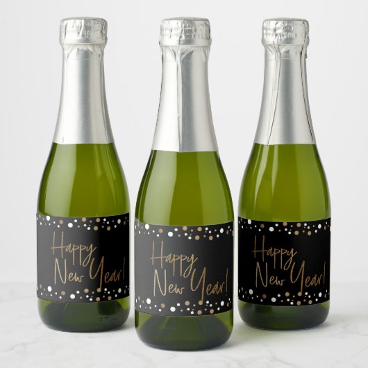 Happy New Year Classy Zwart Goud Wit Confetti Sparkling Wijnetiket (Flessen)