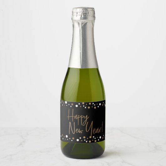 Happy New Year Classy Zwart Goud Wit Confetti Sparkling Wijnetiket (Voorkant)