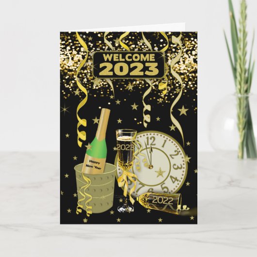 HAPPY NEW YEAR Clock Champagne Confetti 2023 Feestdagen Kaart (Voorkant)