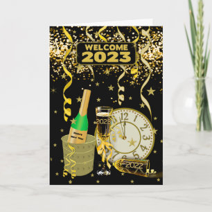 HAPPY NEW YEAR Clock Champagne Confetti 2023 Feestdagen Kaart