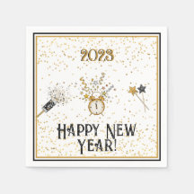 Happy New Year Clock Gold en Black Napkins
