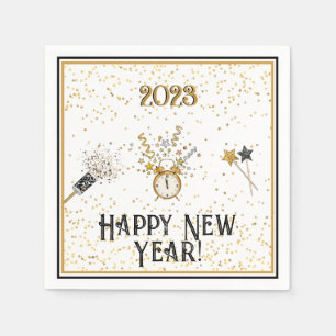 Happy New Year Clock Gold en Black Napkins Servet