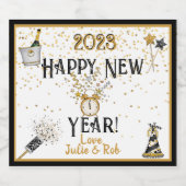 Happy New Year Clock, Pet, Confetti, Custom Sparkling Wijnetiket (Enkel label)