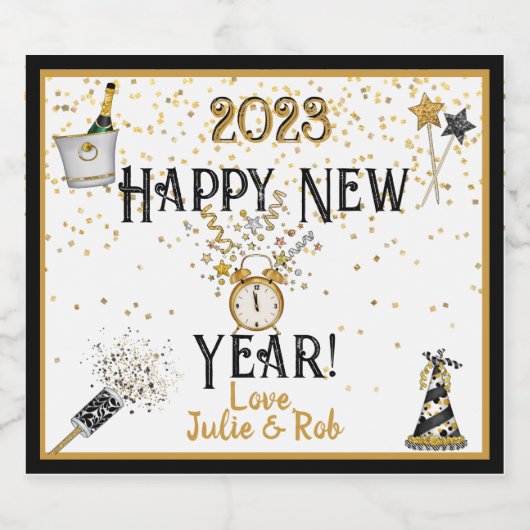 Happy New Year Clock, Pet, Confetti, Custom Sparkling Wijnetiket (Enkel label)
