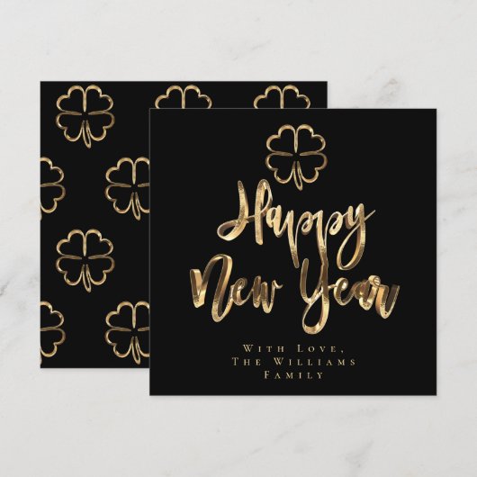 Happy New Year Clover Elegant Black en Gold Chic Feestdagenkaart (Voorkant / Achterkant)