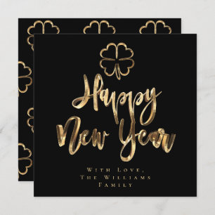 Happy New Year Clover Elegant Black en Gold Chic Feestdagenkaart