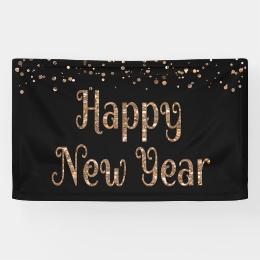 HAPPY NEW YEAR Copper Gold Confetti Zwart Spandoek (Horizontaal)