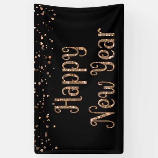 HAPPY NEW YEAR Copper Gold Confetti Zwart Spandoek (Verticaal)