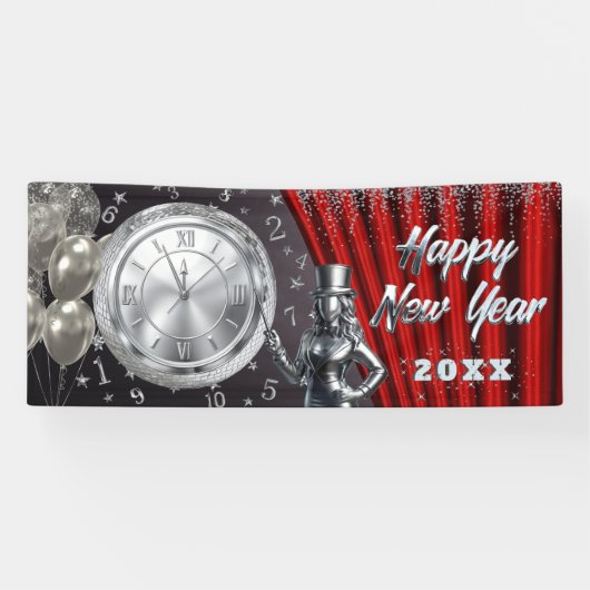 Happy New Year Countdown Silver and Red Spandoek (Horizontaal)