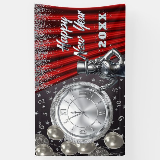 Happy New Year Countdown Silver and Red Spandoek (Verticaal)