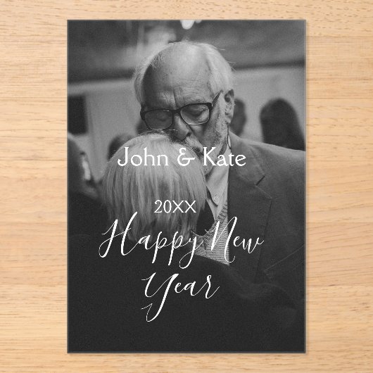 Happy new year couple photo name year black white acryl uitnodigingen (Voorkant)