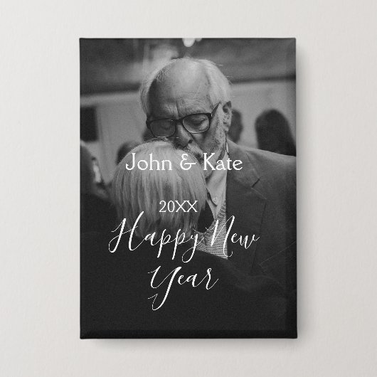 Happy new year couple photo name year black white button (Voorkant)