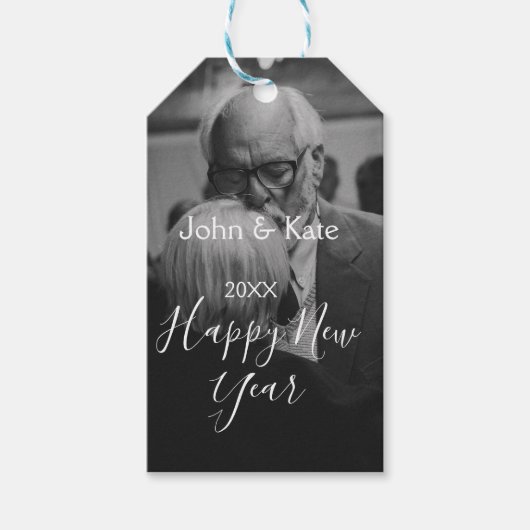 Happy new year couple photo name year black white  cadeaulabel (Voorkant)