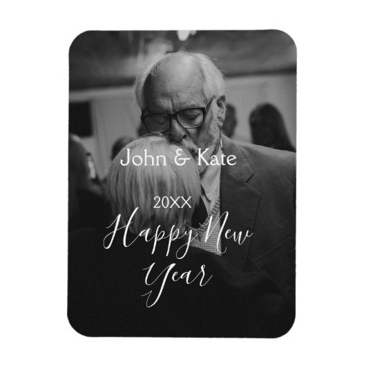 Happy new year couple photo name year black white  magneet (Verticaal)