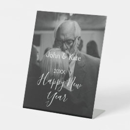 Happy new year couple photo name year black white  reclamebord met voetstuk