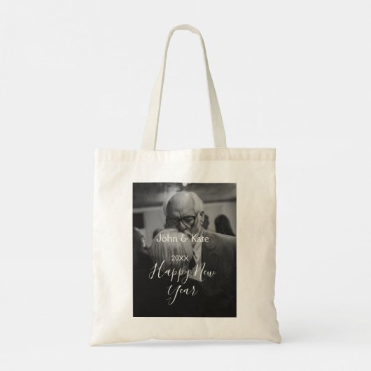 Happy new year couple photo name year black white tote bag (Achterkant)