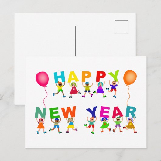 Happy New Year Cute Cartoon Diverse Kinder Text Briefkaart (Voorkant / Achterkant)