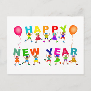 Happy New Year Cute Cartoon Diverse Kinder Text Briefkaart