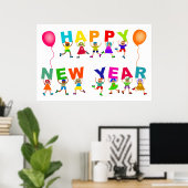 Happy New Year Cute Cartoon Diverse Kinder Text Poster (Thuiskantoor)