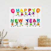 Happy New Year Cute Cartoon Diverse Kinder Text Poster (Keuken)