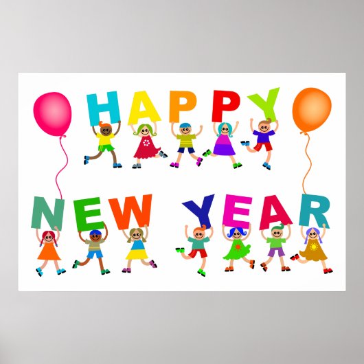 Happy New Year Cute Cartoon Diverse Kinder Text Poster (Voorkant)