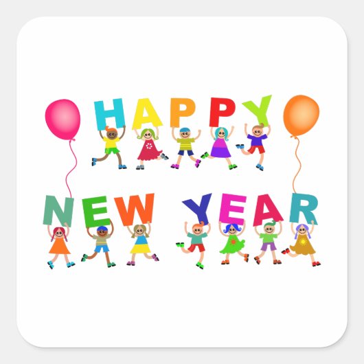 Happy New Year Cute Cartoon Diverse Kinder Text Vierkante Sticker (Voorkant)