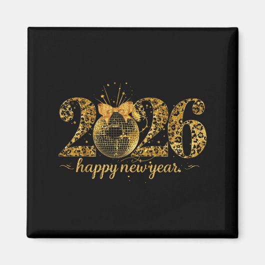 Happy New Year Cute Gold Disco Ball Bow New Year's Magneet (Voorkant)