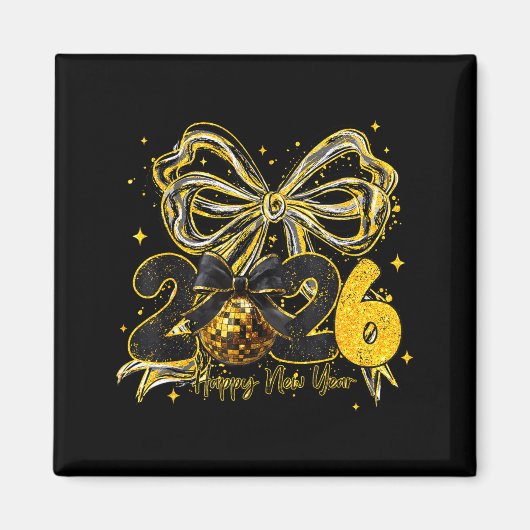 Happy New Year Cute Gold Disco Ball Bow New Year's Magneet (Voorkant)