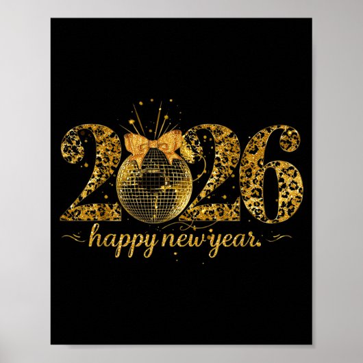 Happy New Year Cute Gold Disco Ball Bow New Year's Poster (Voorkant)