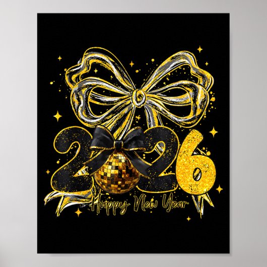 Happy New Year Cute Gold Disco Ball Bow New Year's Poster (Voorkant)
